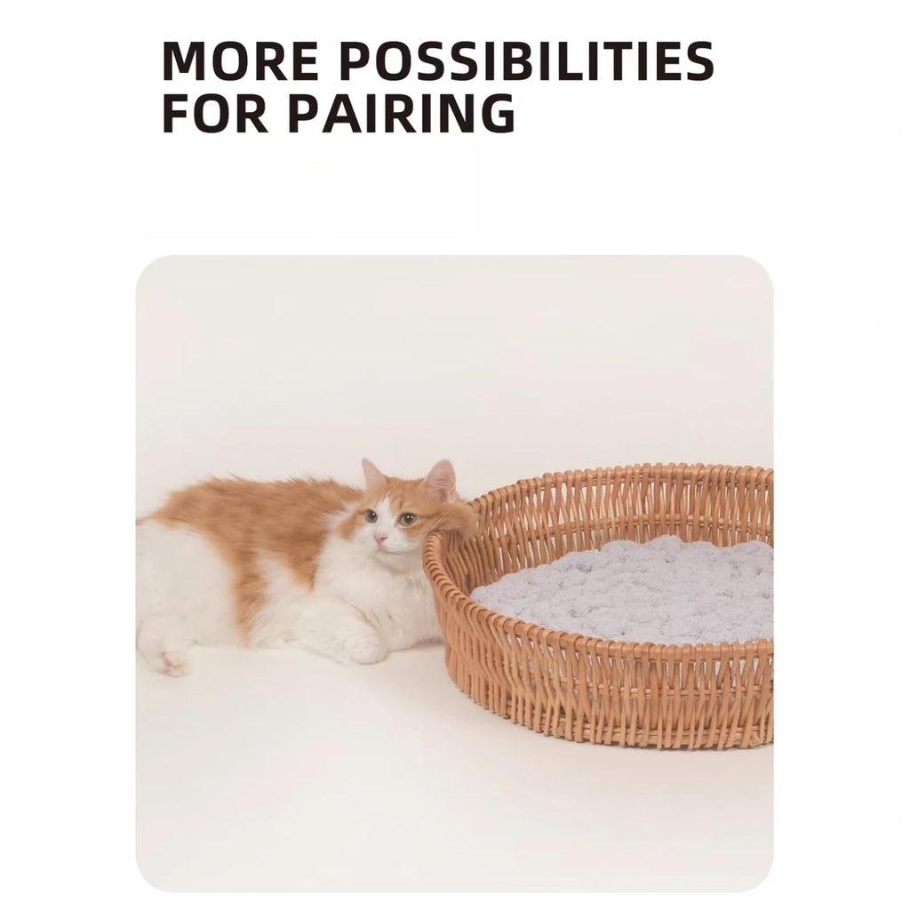 inFluffy pet mat shown beside and inside a woven basket
