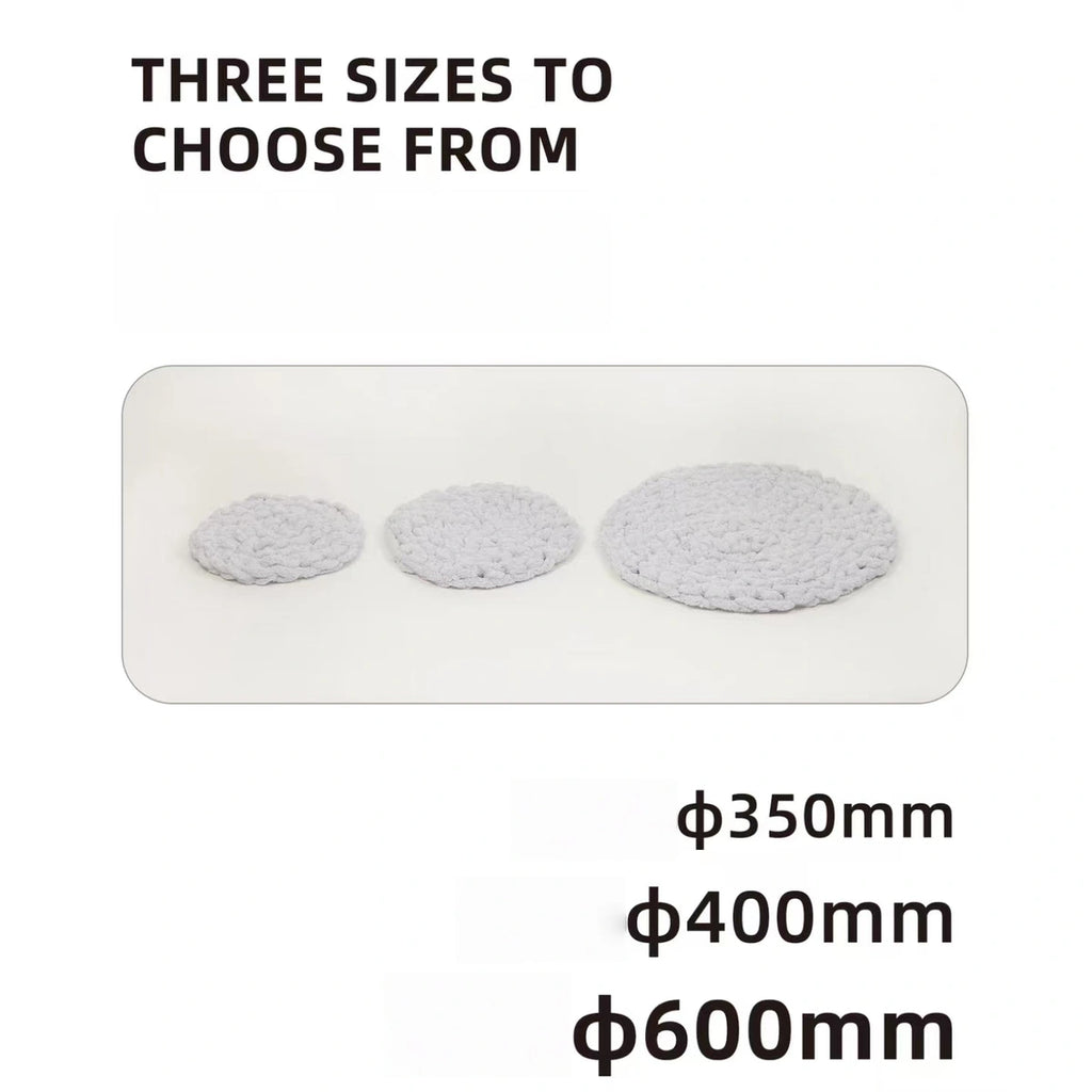 inFluffy round mat size guide showing 350, 400 and 600 mm diameters