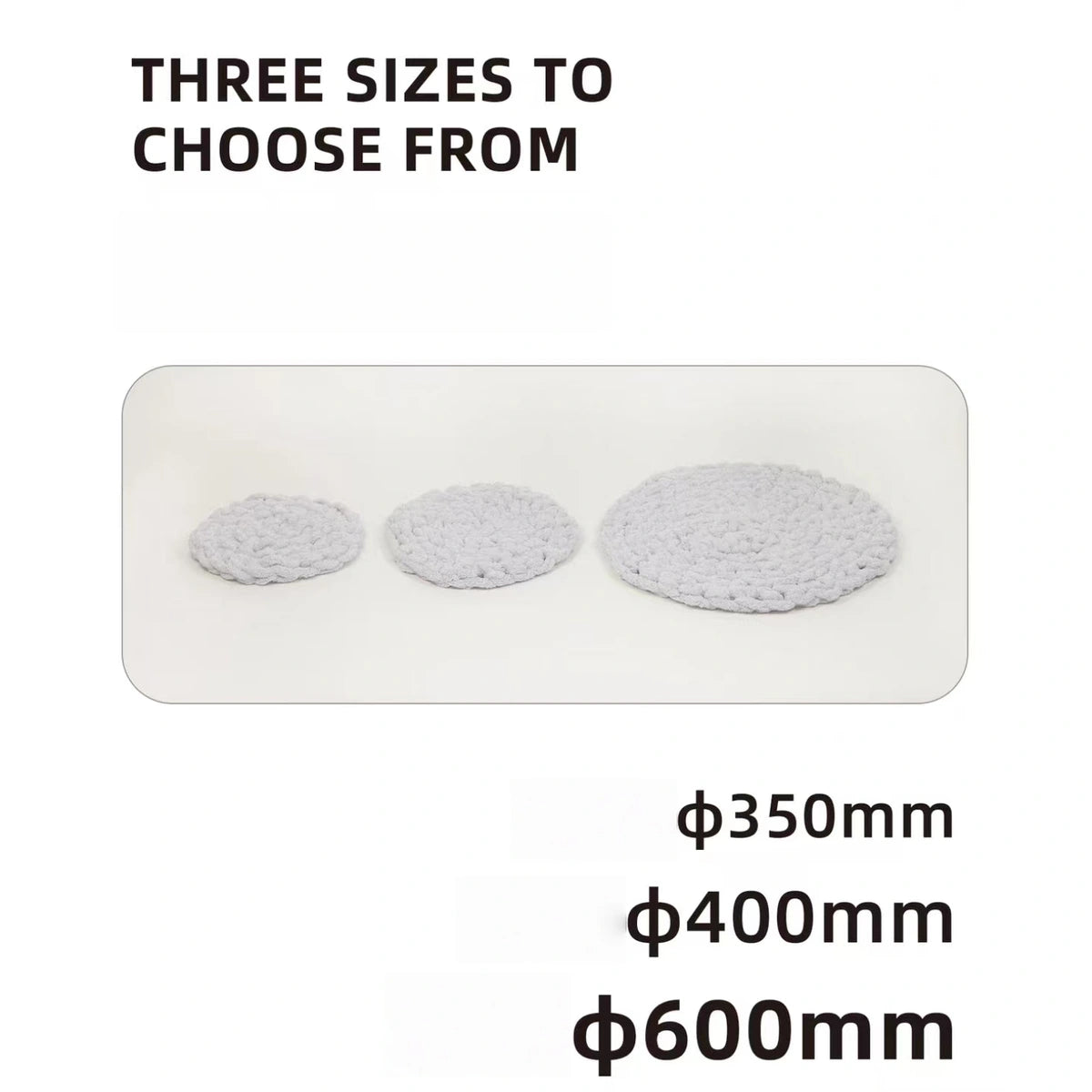 inFluffy round mat size guide showing 350, 400 and 600 mm diameters