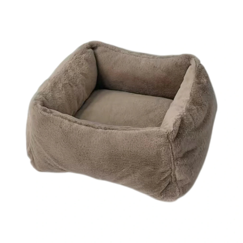 Brown inFluffy square pet bed with matching cushion