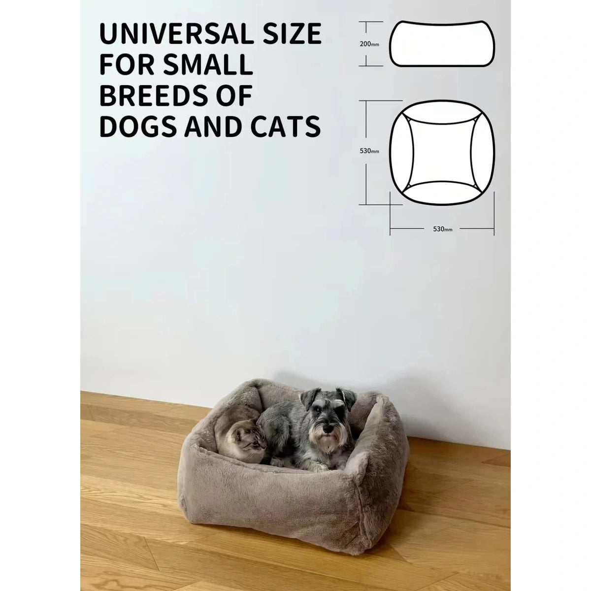 inFluffy pet bed size and small-pet suitability diagram