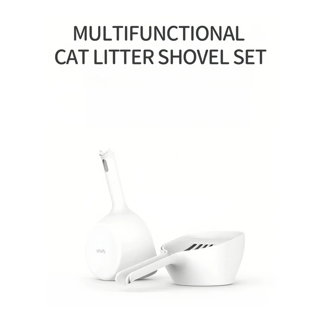 Long-handled inFluffy litter scoop beside its holder