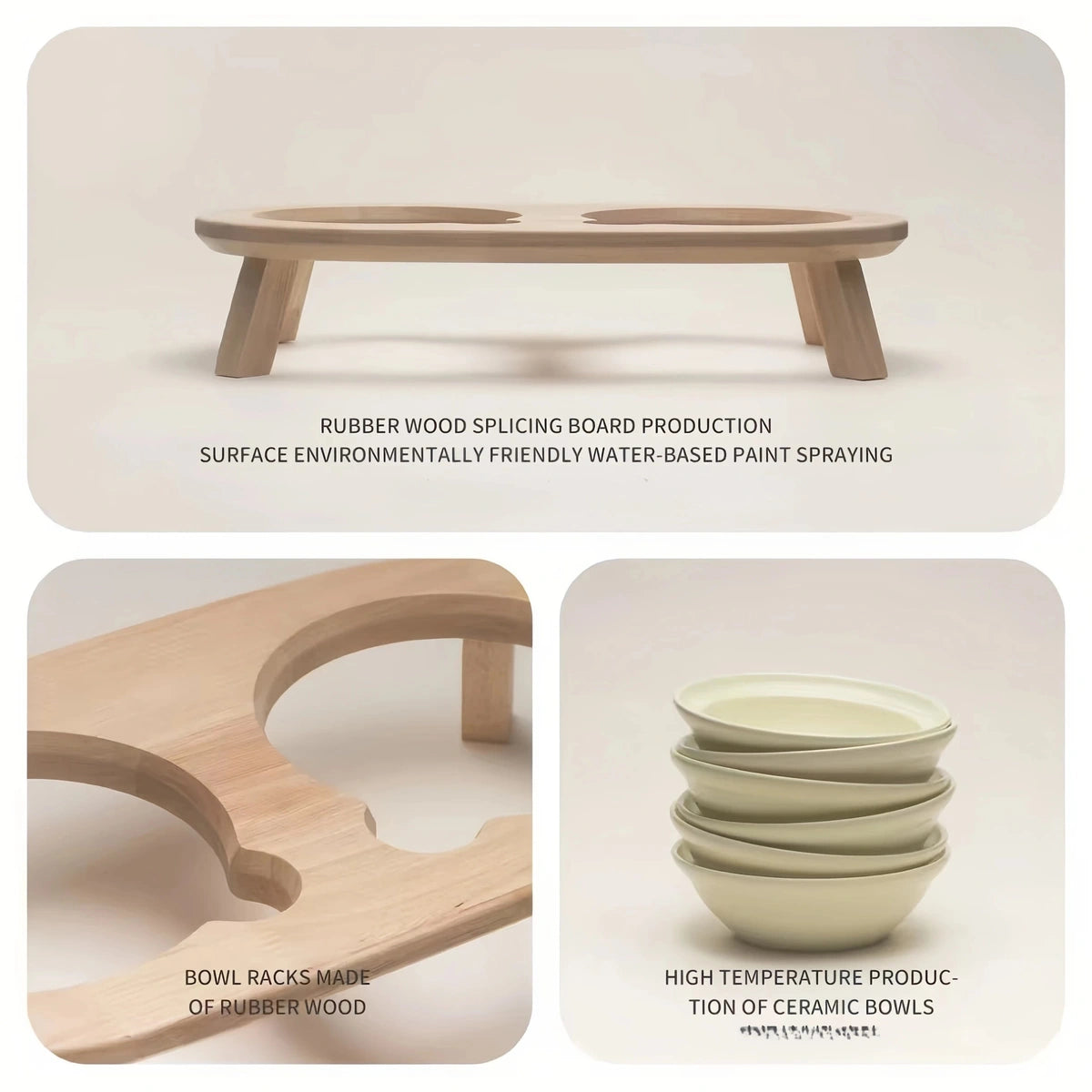 Removable ceramic bowls and curved wooden stand details