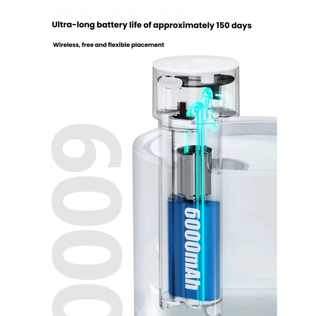 Battery and pump cutaway inside the Miao Xiang Jia wireless fountain