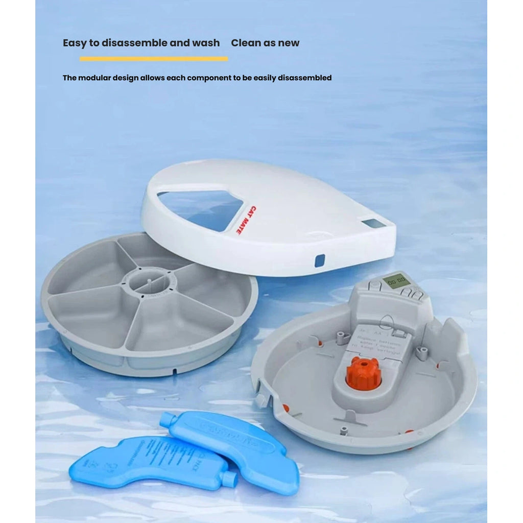 Disassembled CatMate rotating feeder tray, lid and cooling packs
