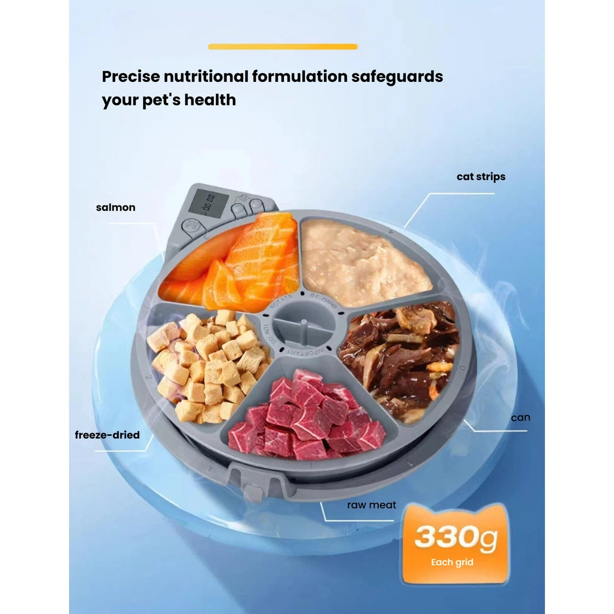 Five food compartments inside the CatMate timed pet feeder