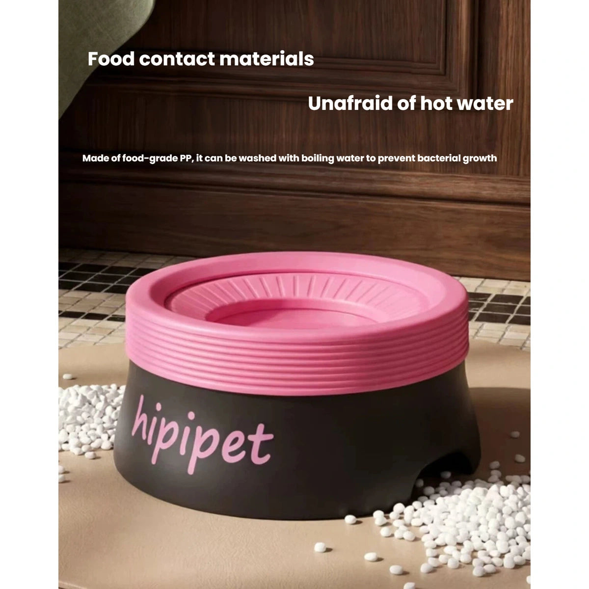 Pink and black Hipipet water bowl with washable food-contact materials