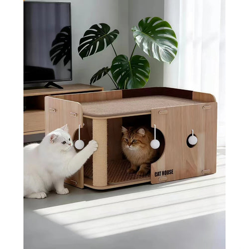 Two cats using the upper and lower levels of the wooden cat bed