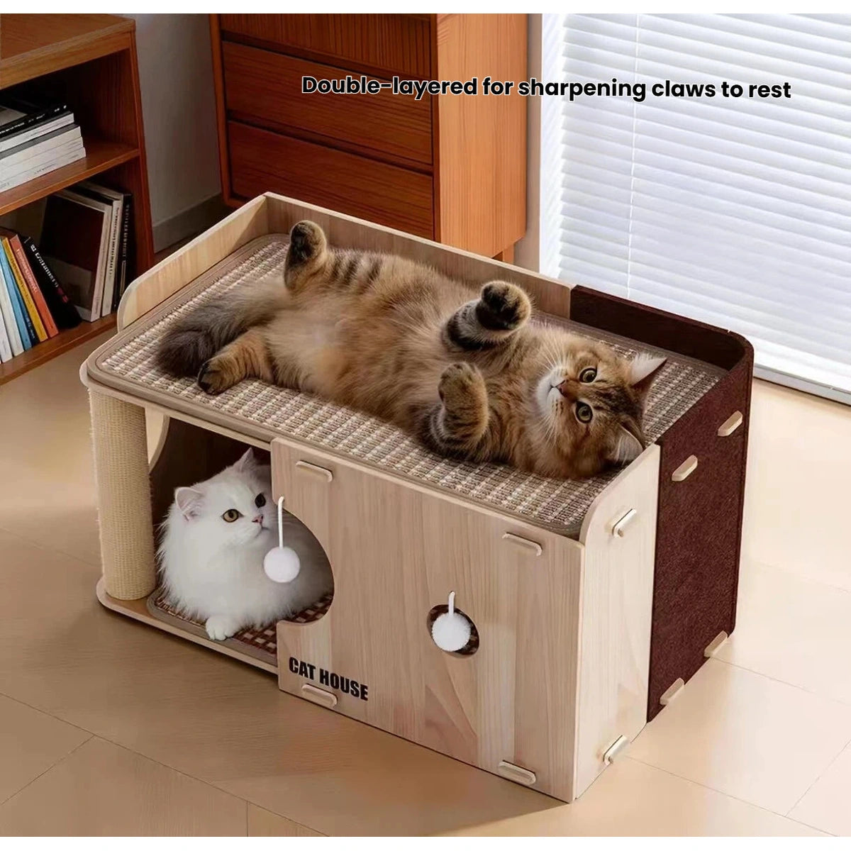 Cats scratching and resting on the double-level cat furniture