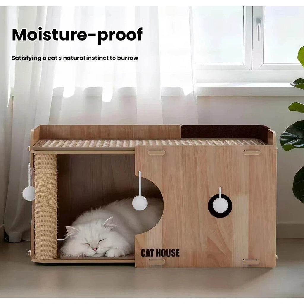Cat sleeping inside the lower moisture-resistant cat bed compartment