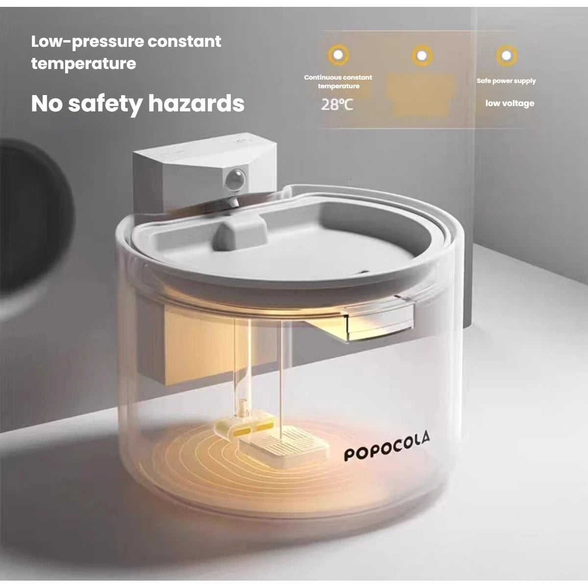 Clear Popocola cat fountain showing the warming element below the bowl