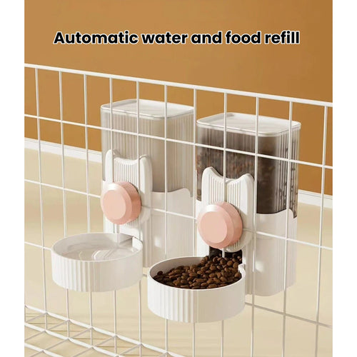 Food and water dispenser units mounted on enclosure bars