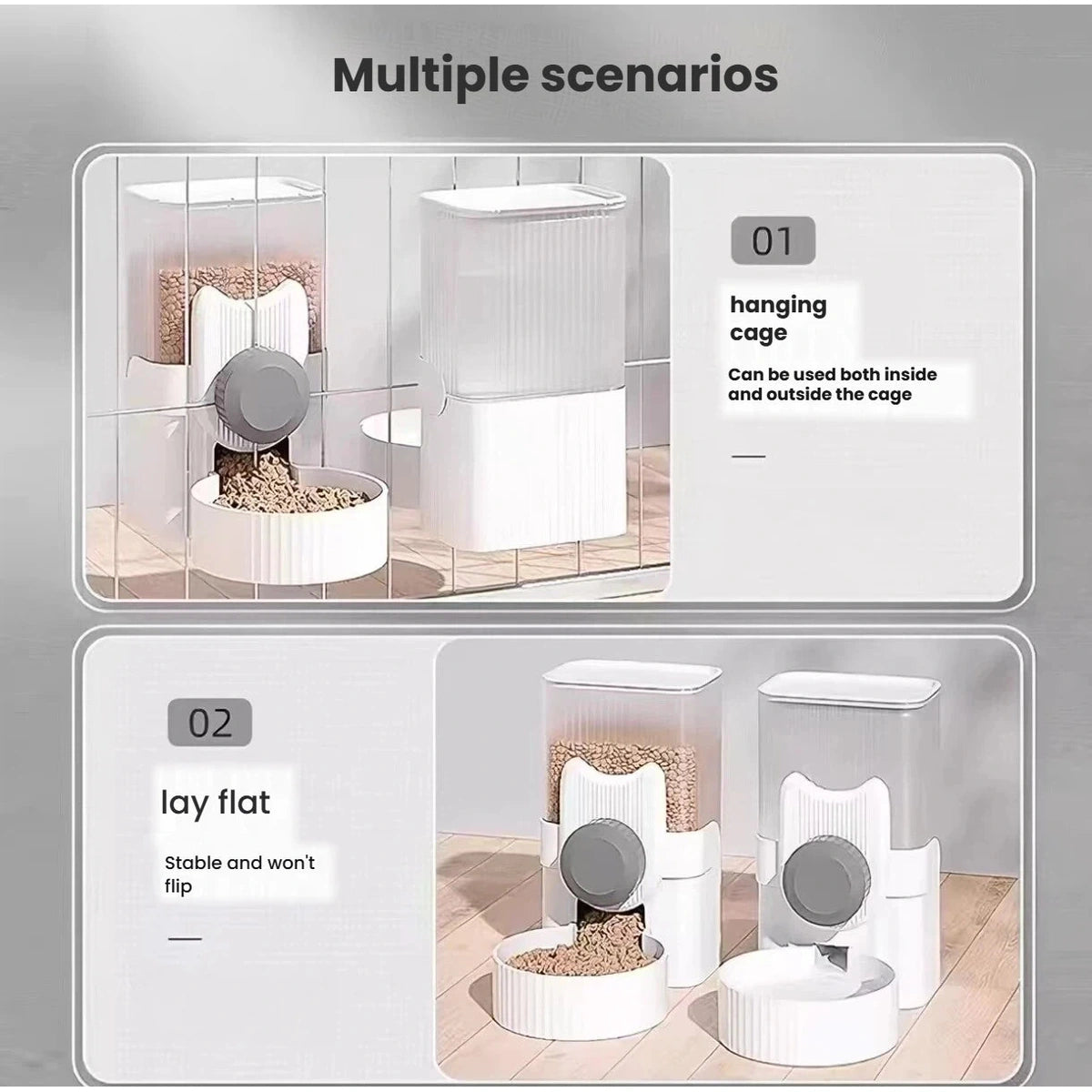 Cage-mounted and freestanding setups for the pet feeder and waterer