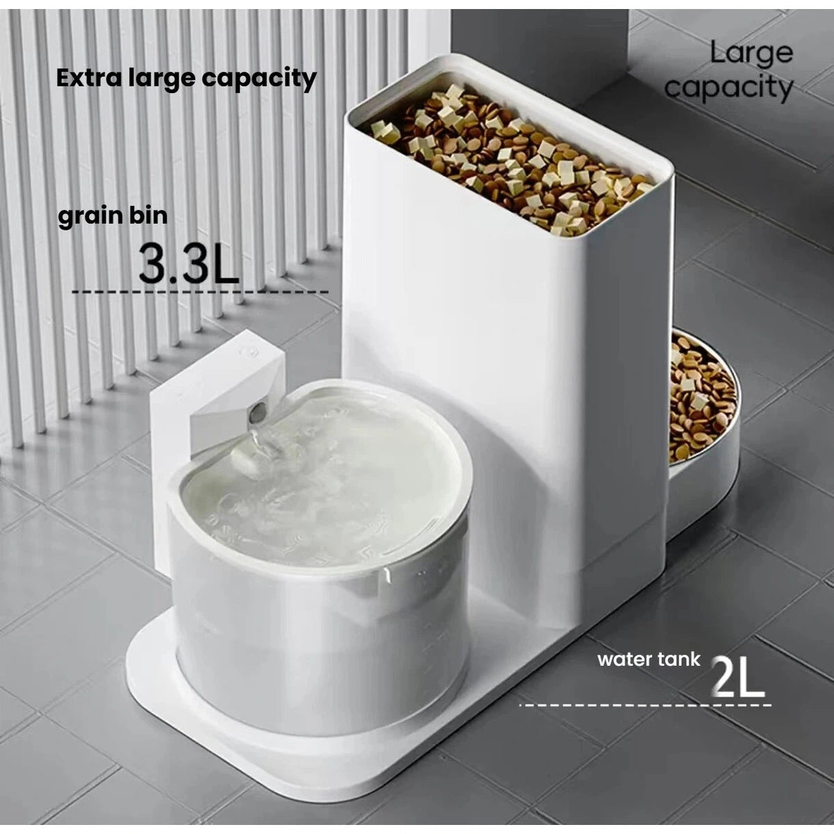 Popocola pet station showing the 3.3 L food hopper and 2 L water tank