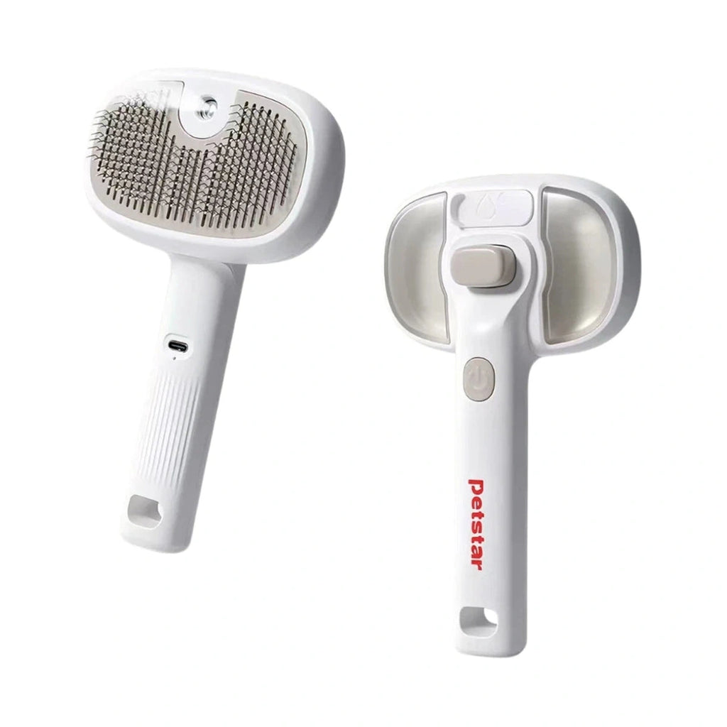 Petstar white spray grooming brush shown from the pin and water-tank sides