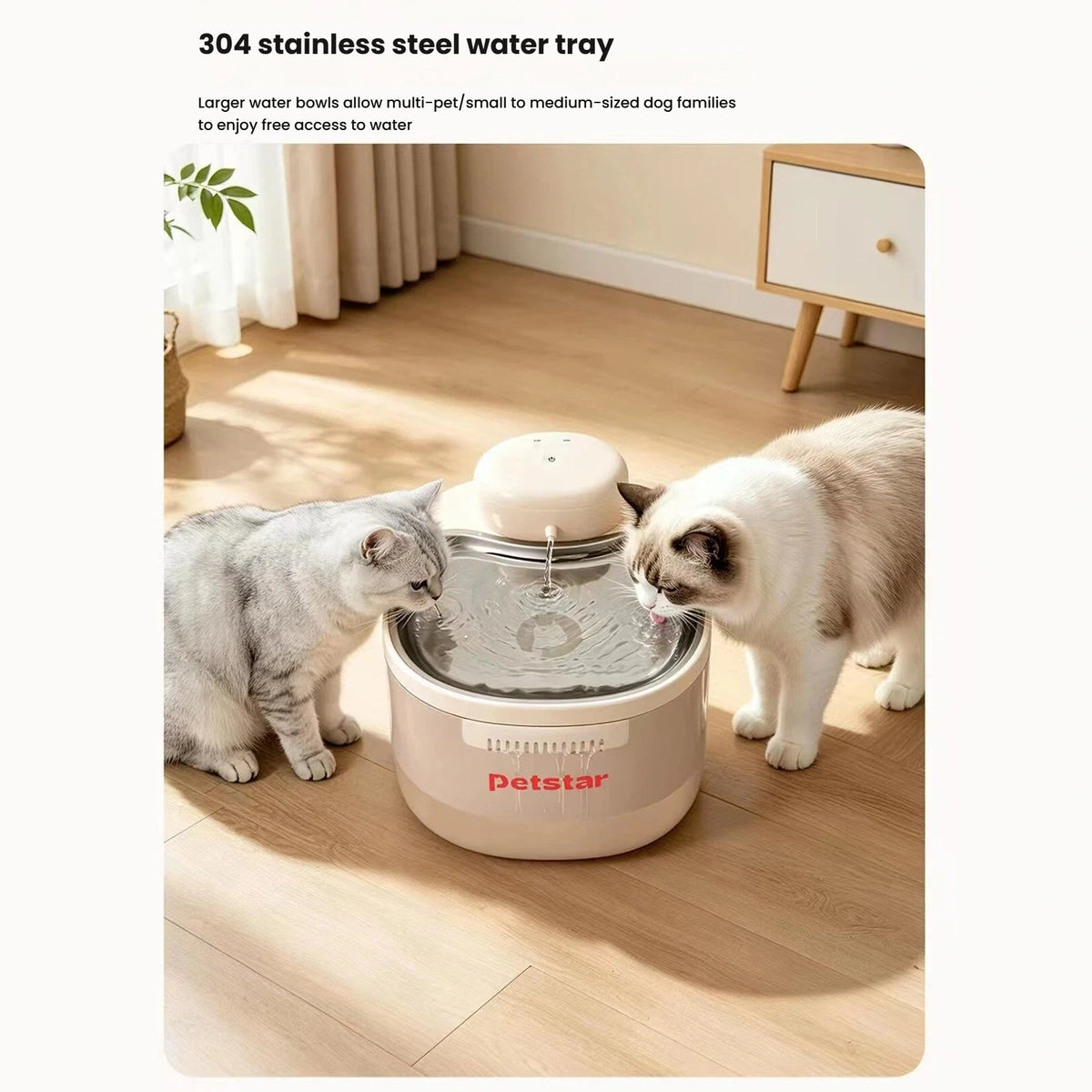 Two cats drinking from the Petstar stainless steel fountain tray