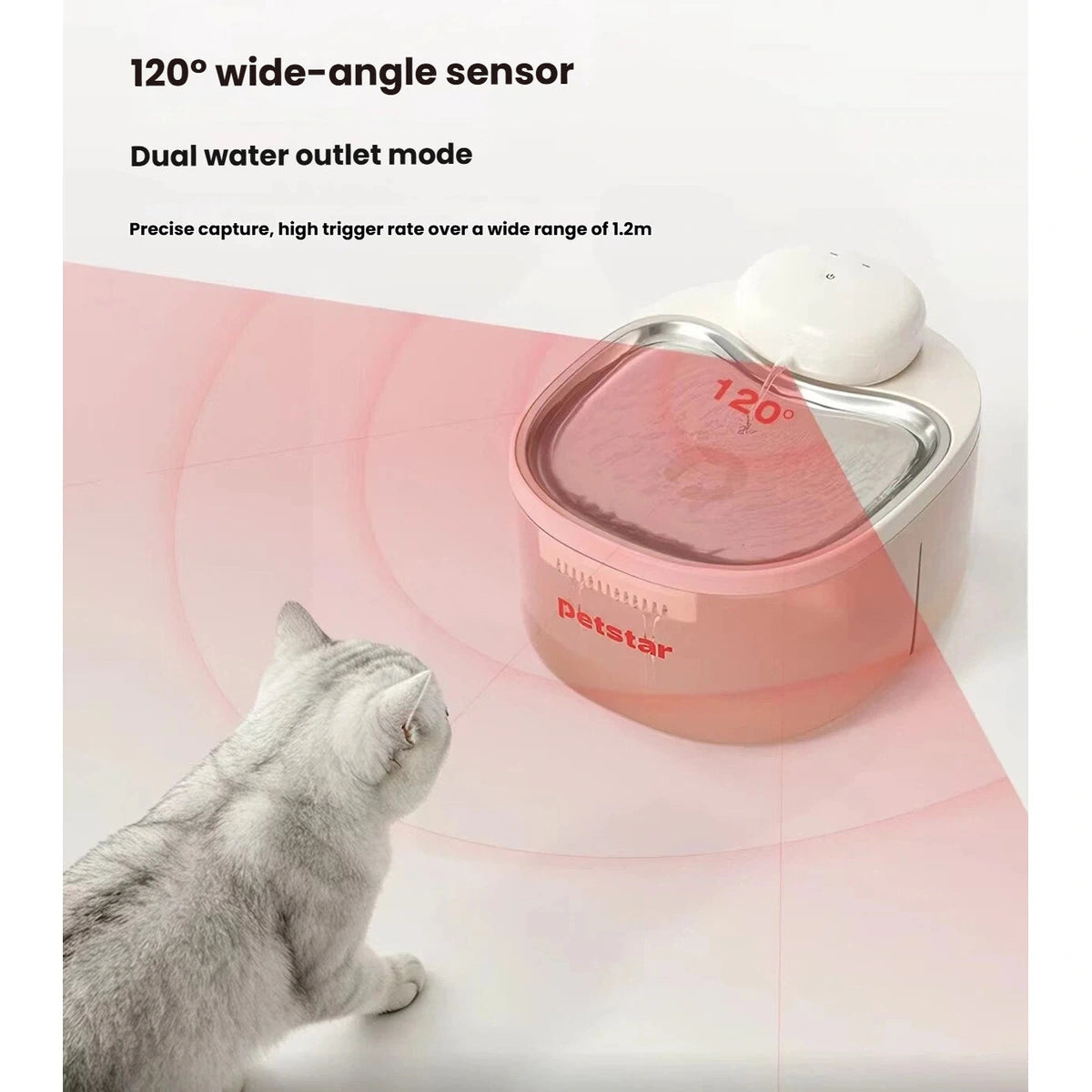 Petstar fountain diagram showing the wide-angle motion sensor