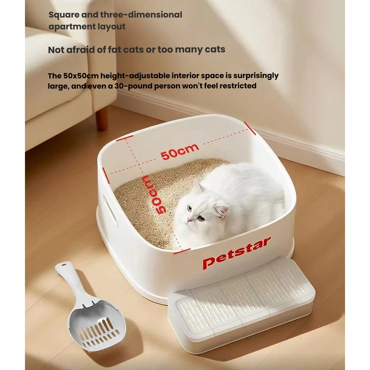 Cat inside the open Petstar litter tray with the hood removed