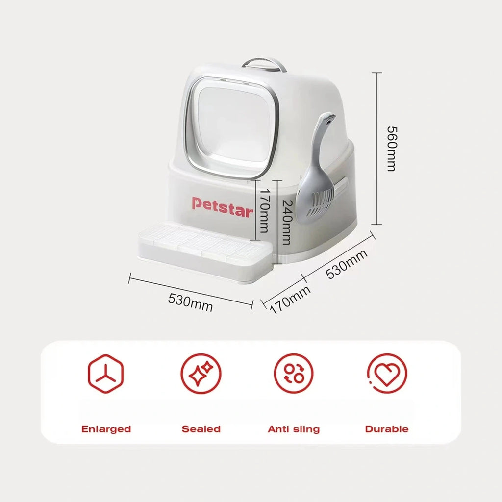 Petstar litter box dimension diagram including hood height and entry step