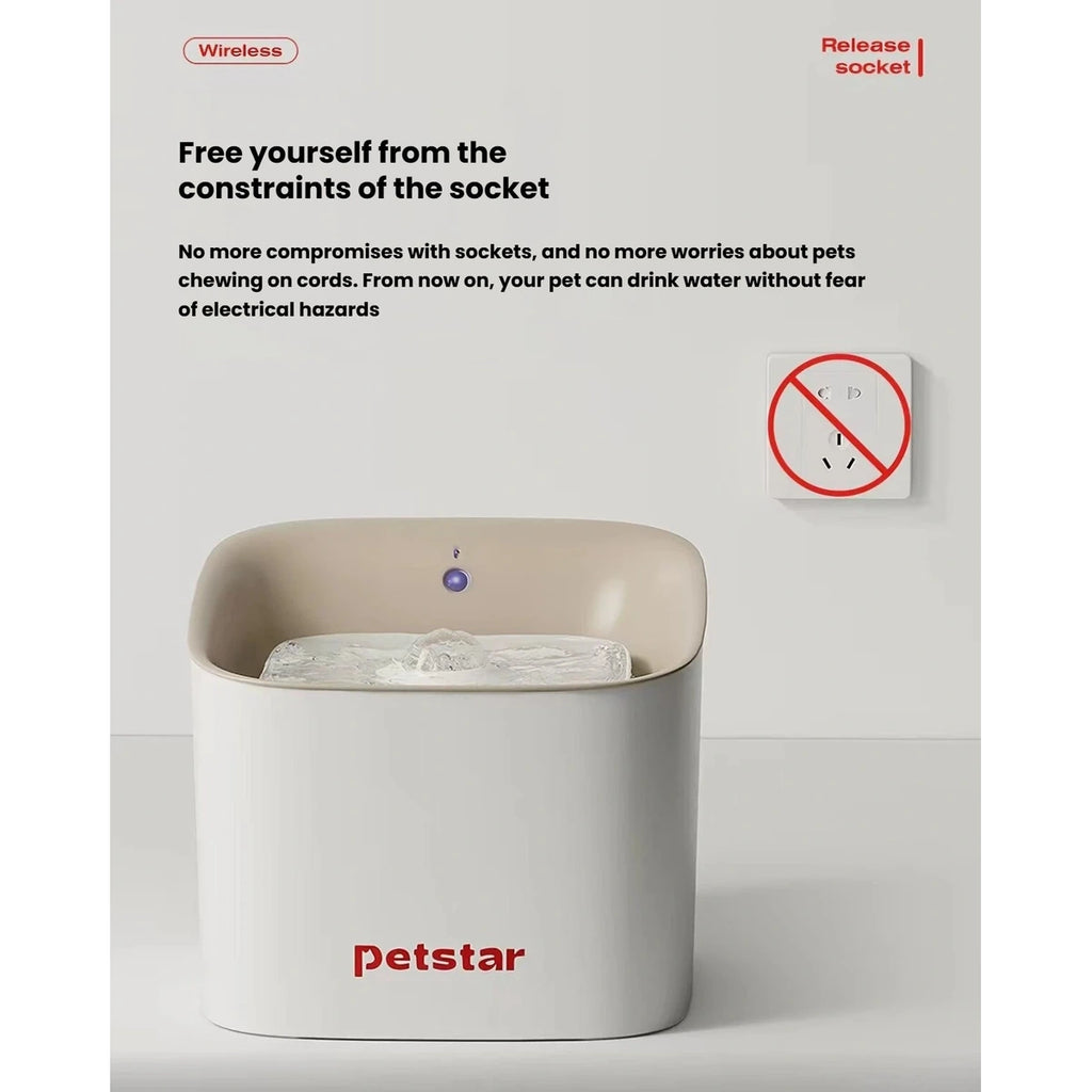 Petstar cordless fountain shown beside a crossed-out wall socket illustration