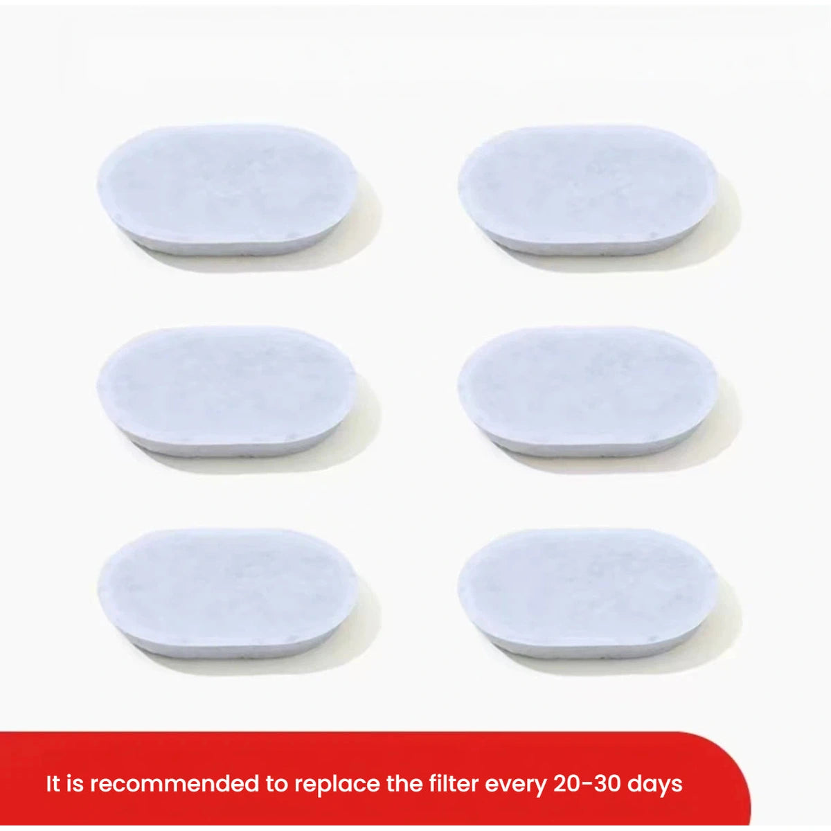 Six rounded rectangular Petstar replacement filters arranged in three pairs