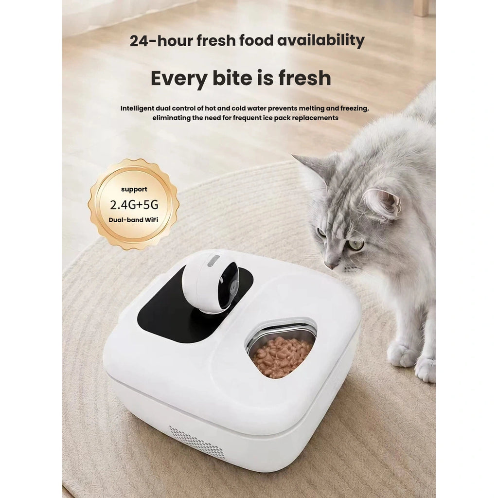 Cat beside the Naipet cooling feeder with dual-band Wi-Fi illustrated