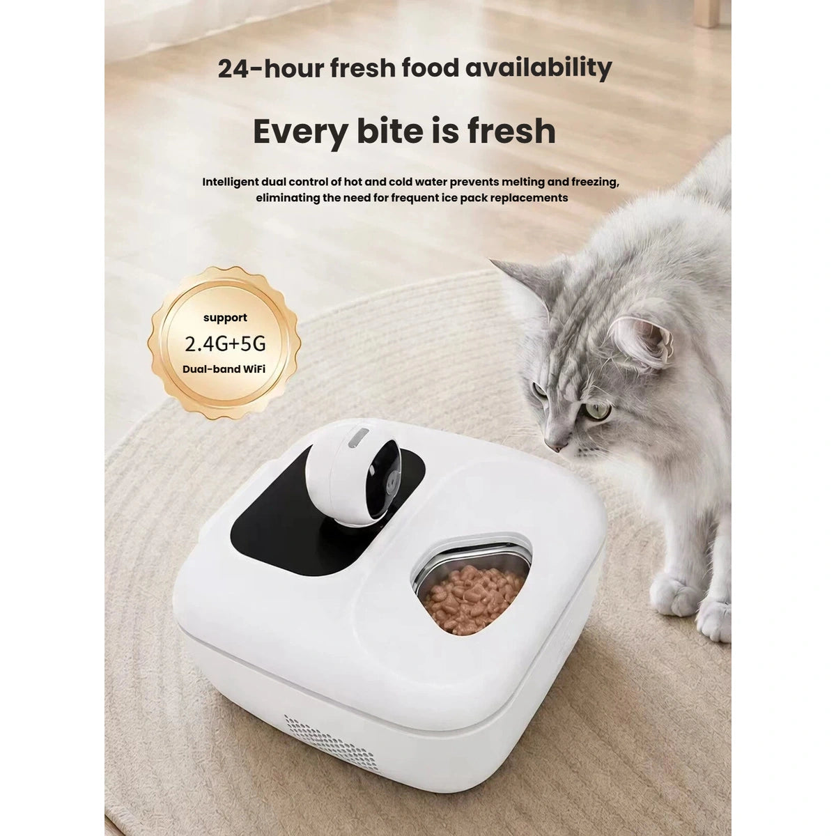 Cat beside the Naipet cooling feeder with dual-band Wi-Fi illustrated