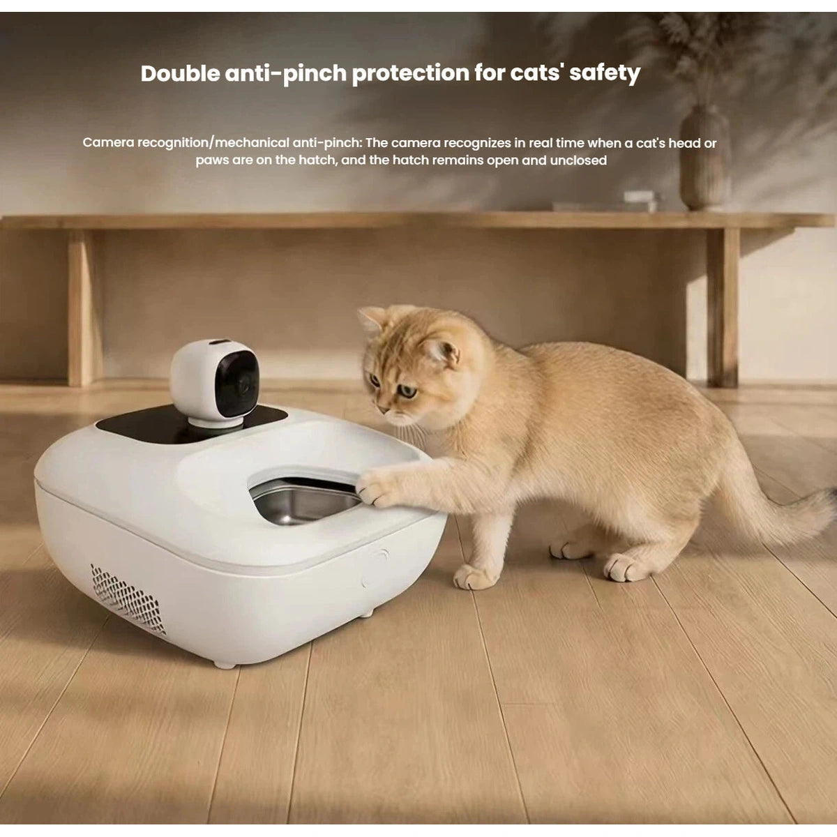 Cat reaching towards the Naipet feeder opening beneath the camera