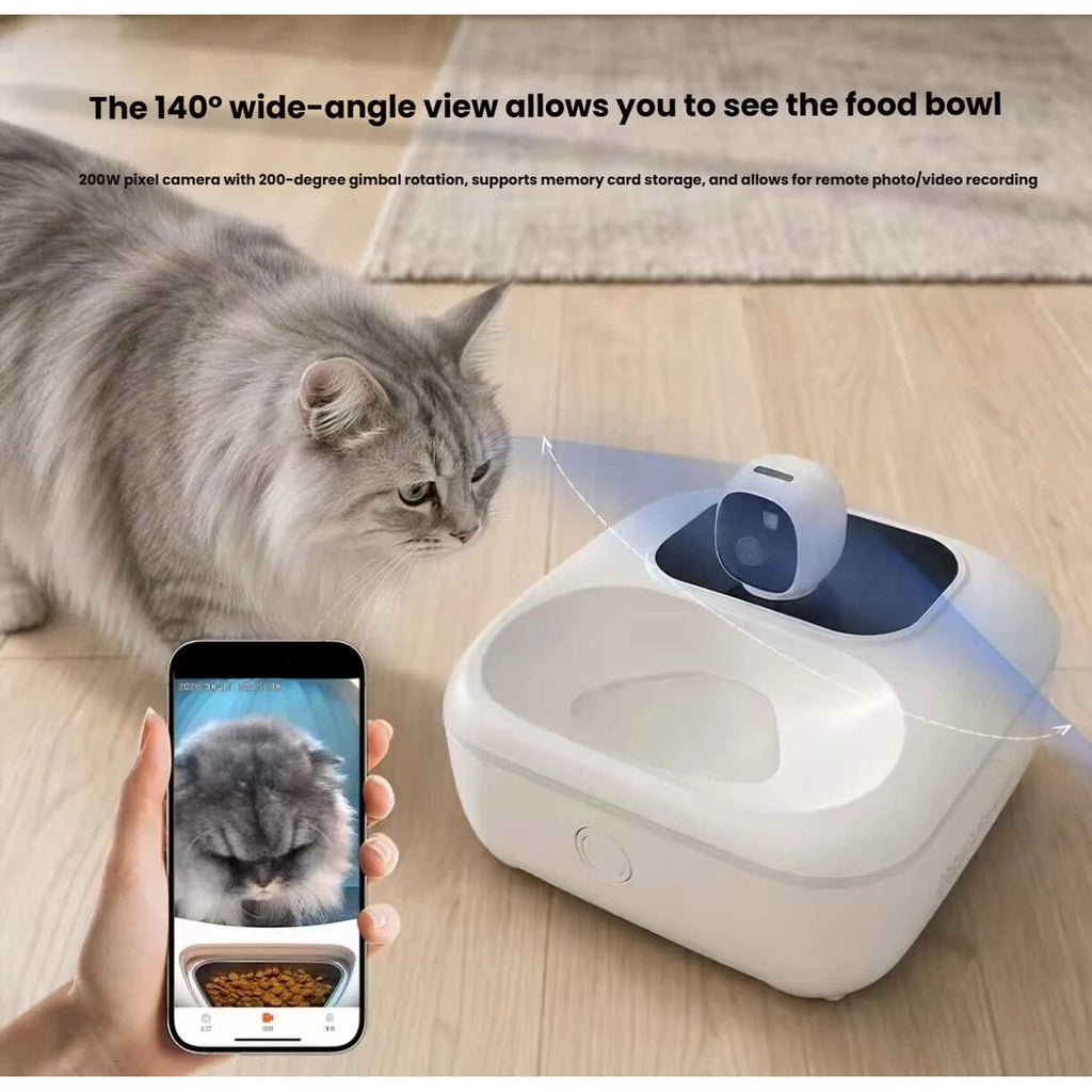 Naipet feeding-area camera view shown on a phone beside a cat