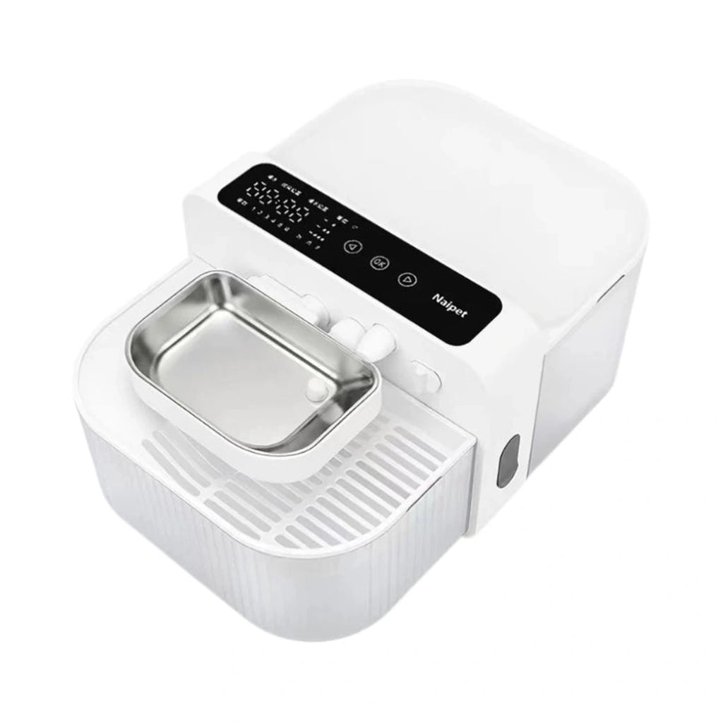 White Naipet cat fountain with steel bowl and slotted used-water collection area