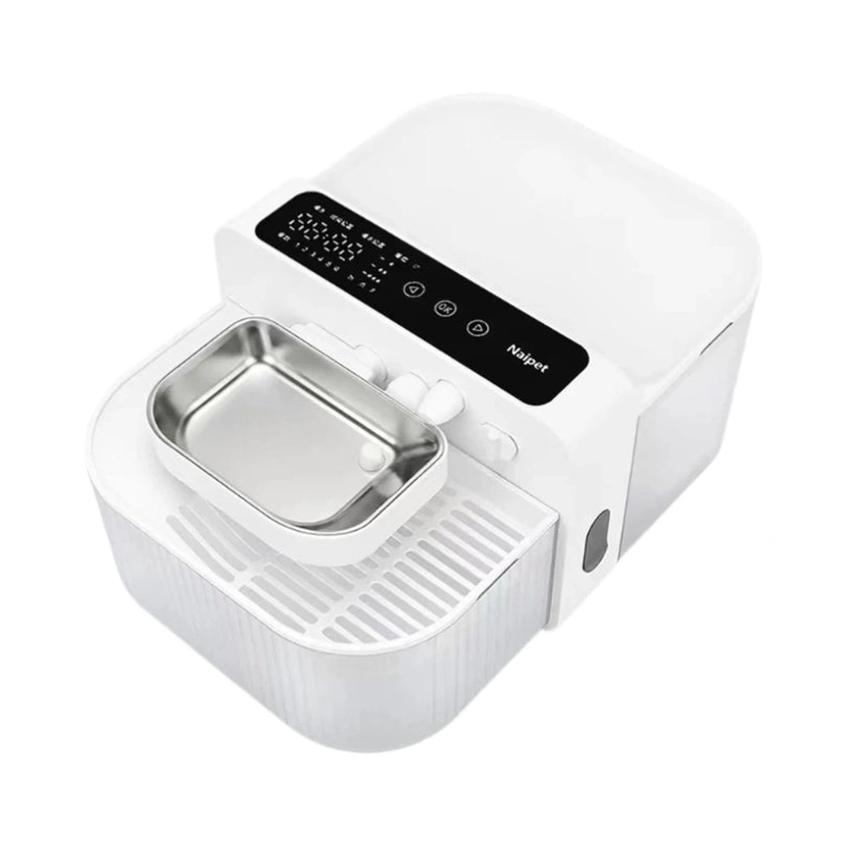 White Naipet cat fountain with steel bowl and slotted used-water collection area