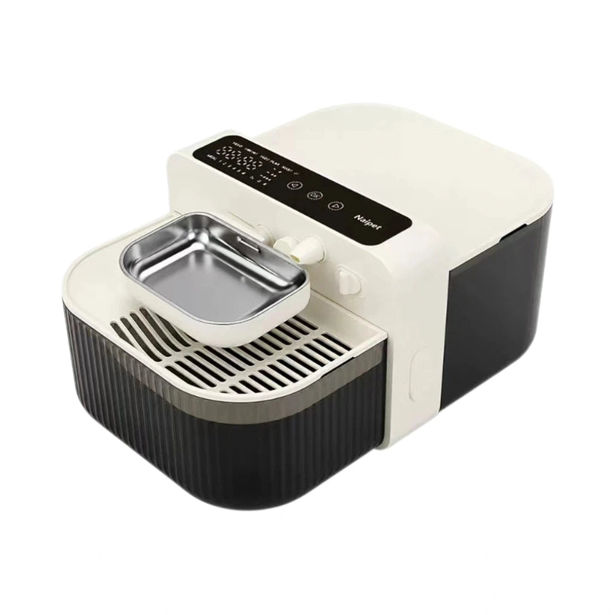 Beige and dark Naipet cordless cat fountain with a steel drinking bowl