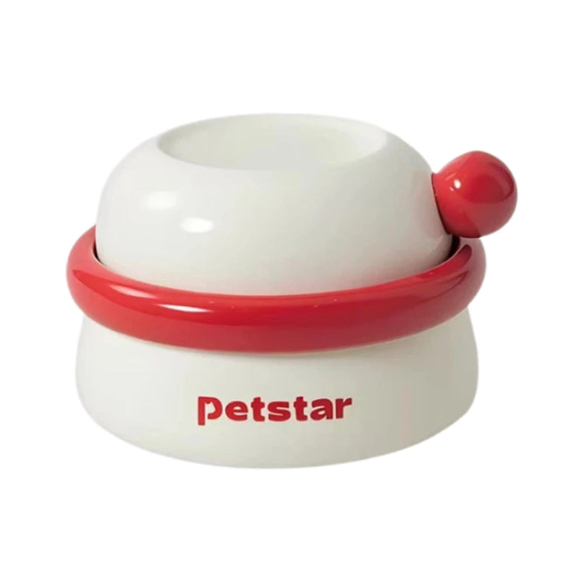 Stacked white and red Petstar three-in-one ceramic feeding bowls