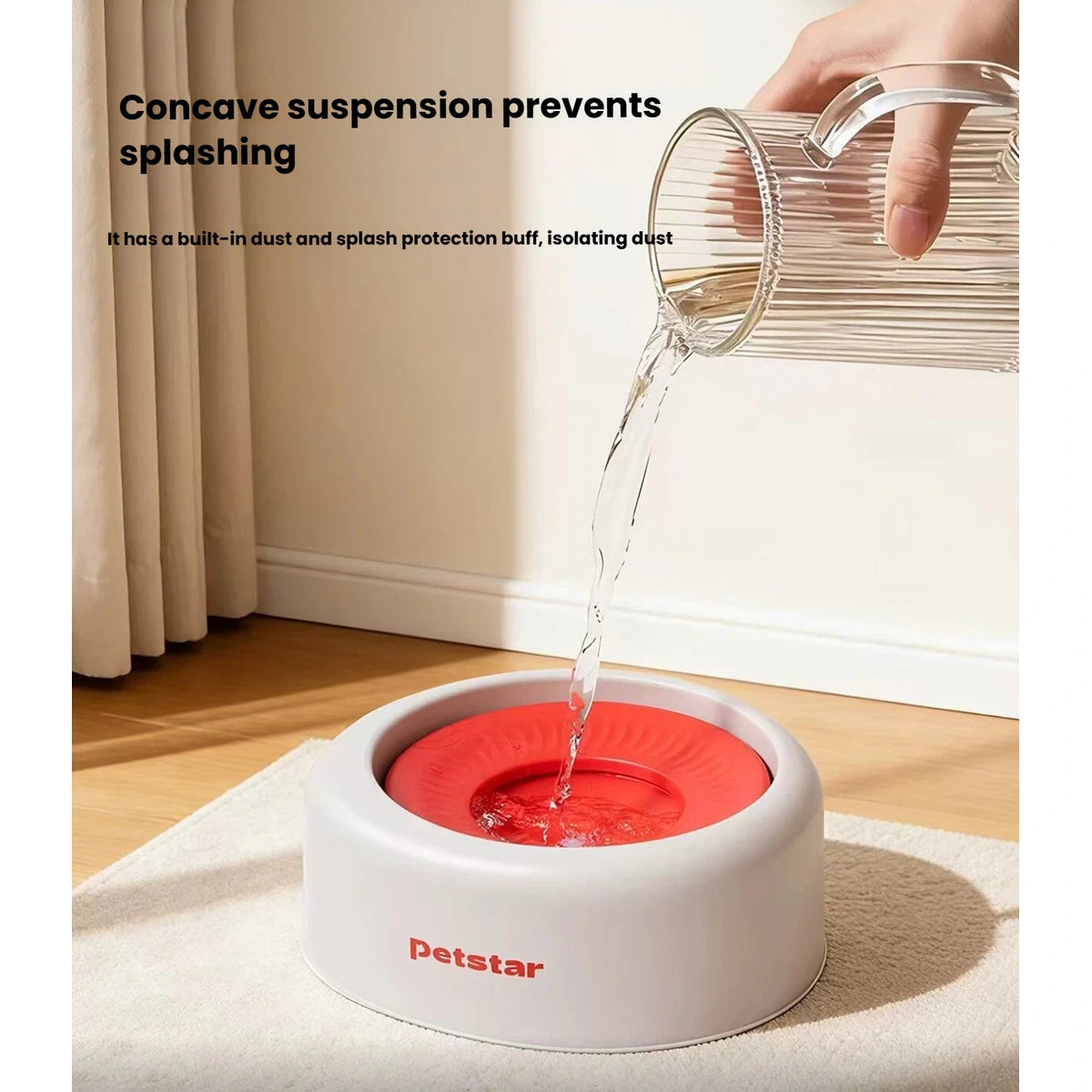 Water being poured onto the Petstar floating-disc drinking surface