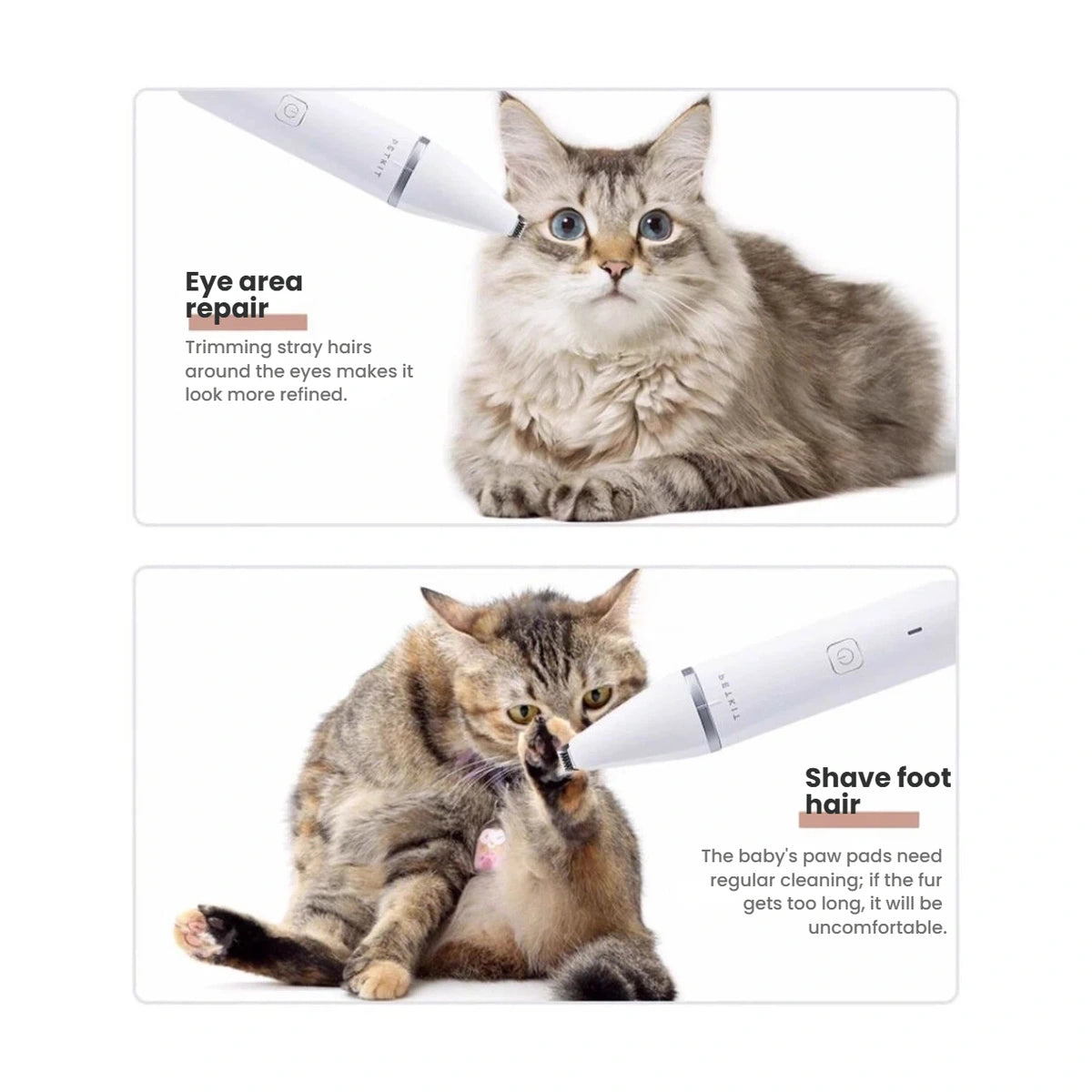 PETKIT detail trimmer shown near a cat’s face and paw