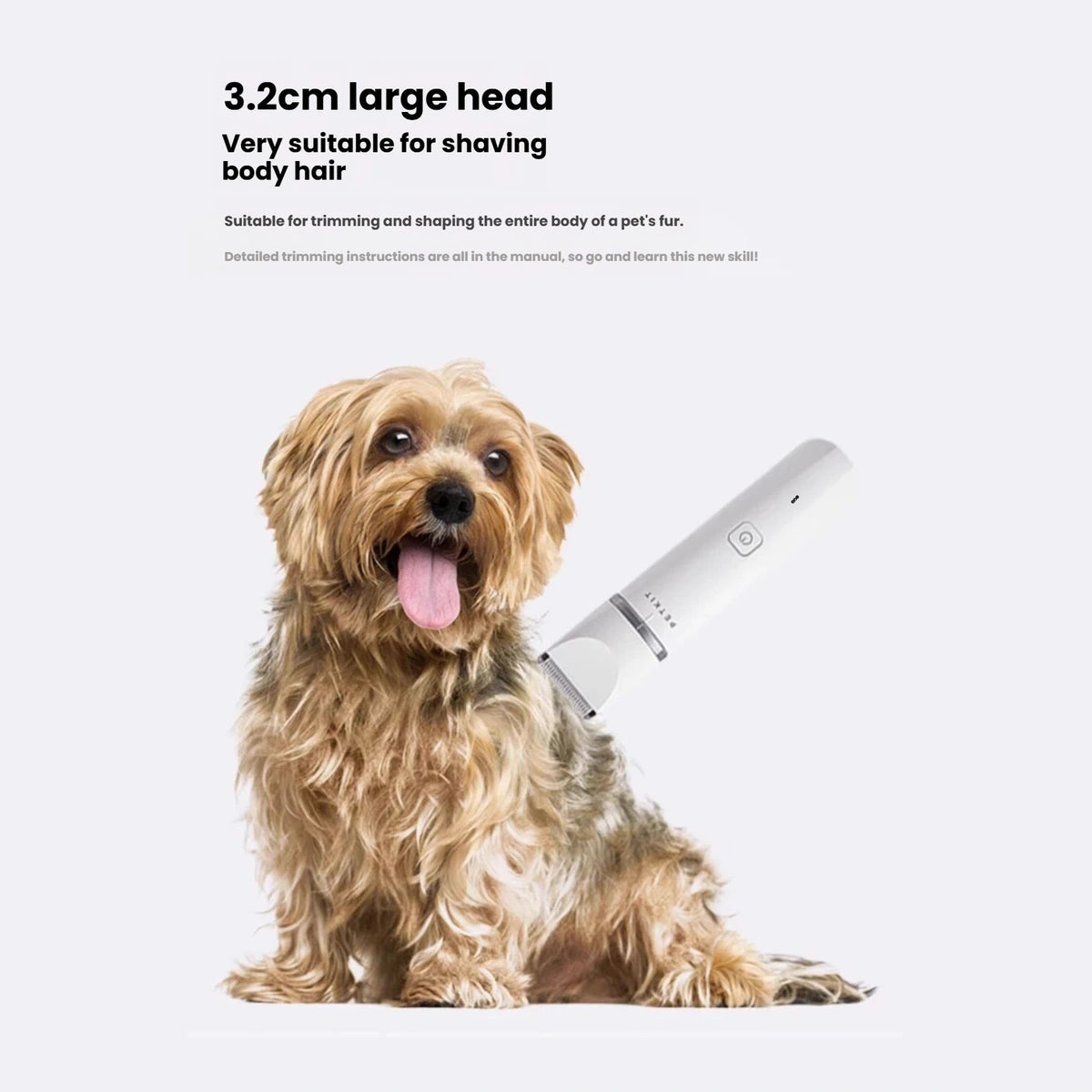 PETKIT wide body-trimming head shown beside a dog