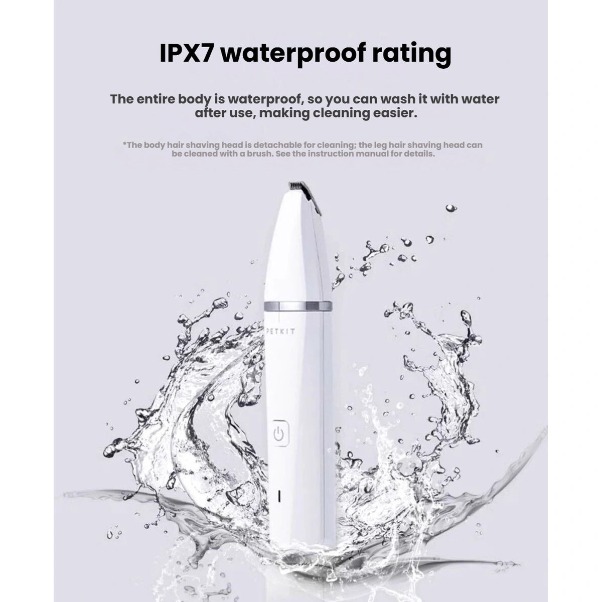PETKIT trimmer in a water-resistance illustration