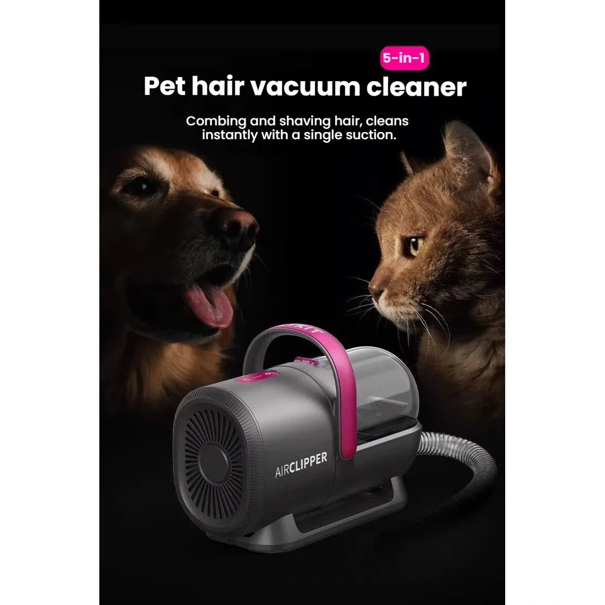 PETKIT AirClipper grooming vacuum shown between a cat and dog