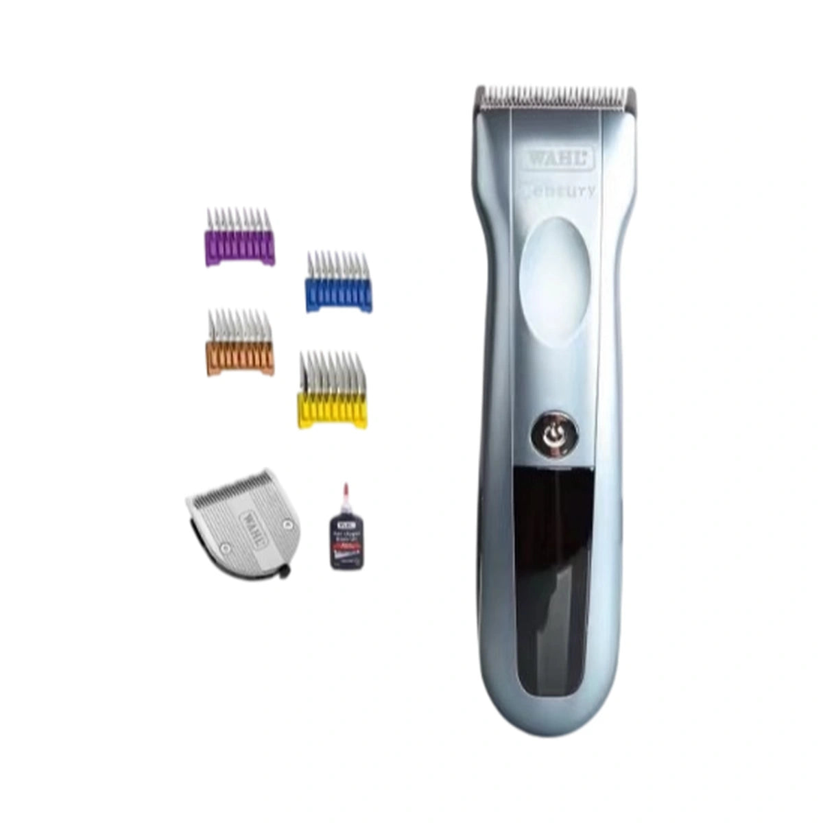 Grey Wahl Century dog clipper with blade, coloured guide combs and oil bottle