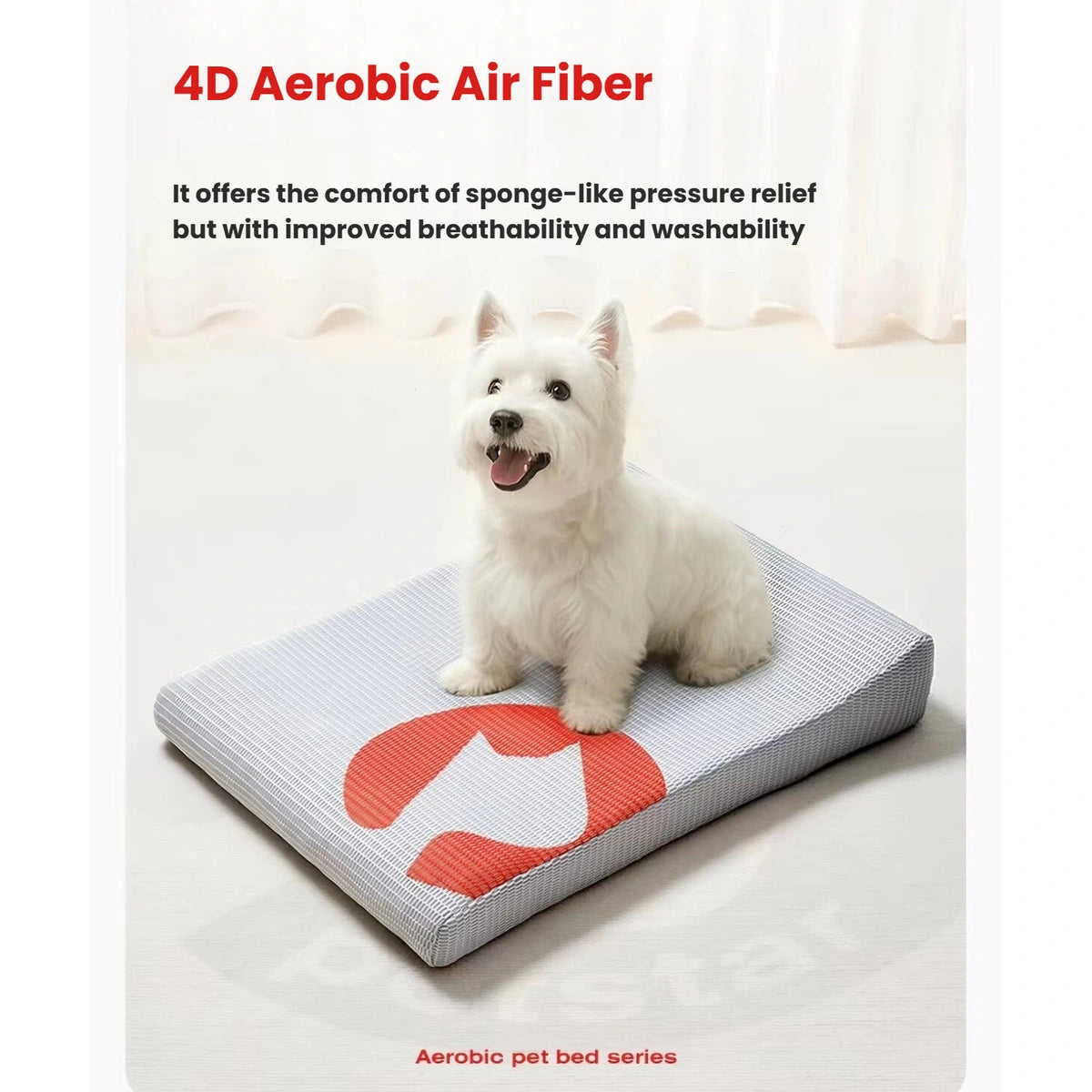 White dog sitting on the breathable Petstar fibre bed