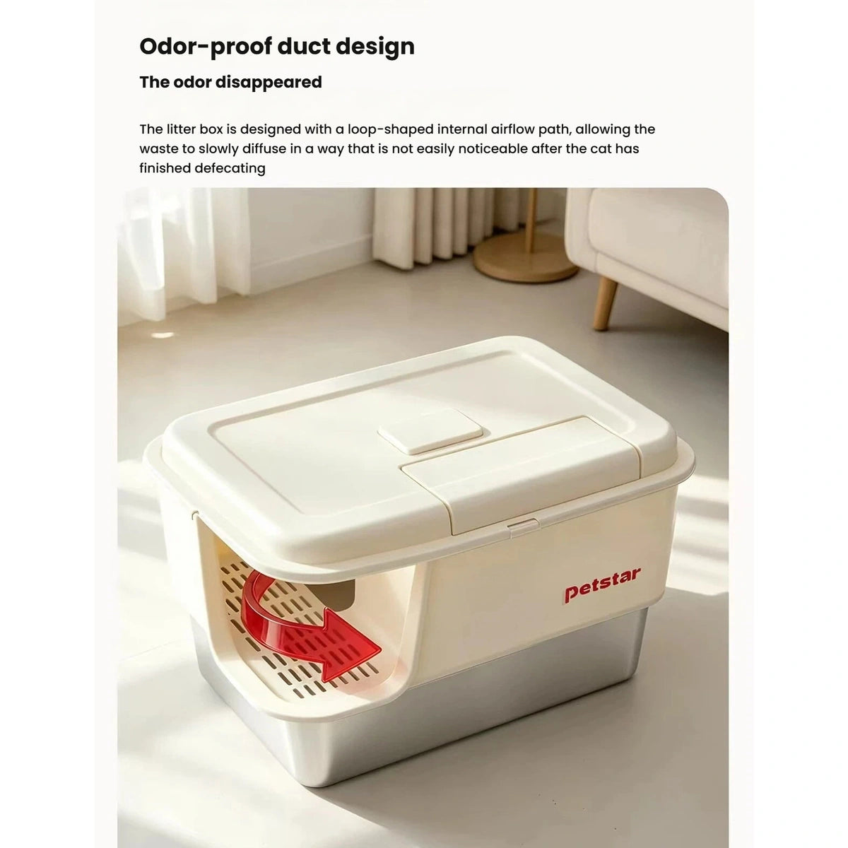 Petstar covered litter box with an internal airflow illustration
