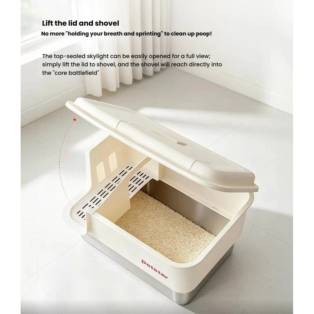Petstar litter box with the top lid lifted for scooping