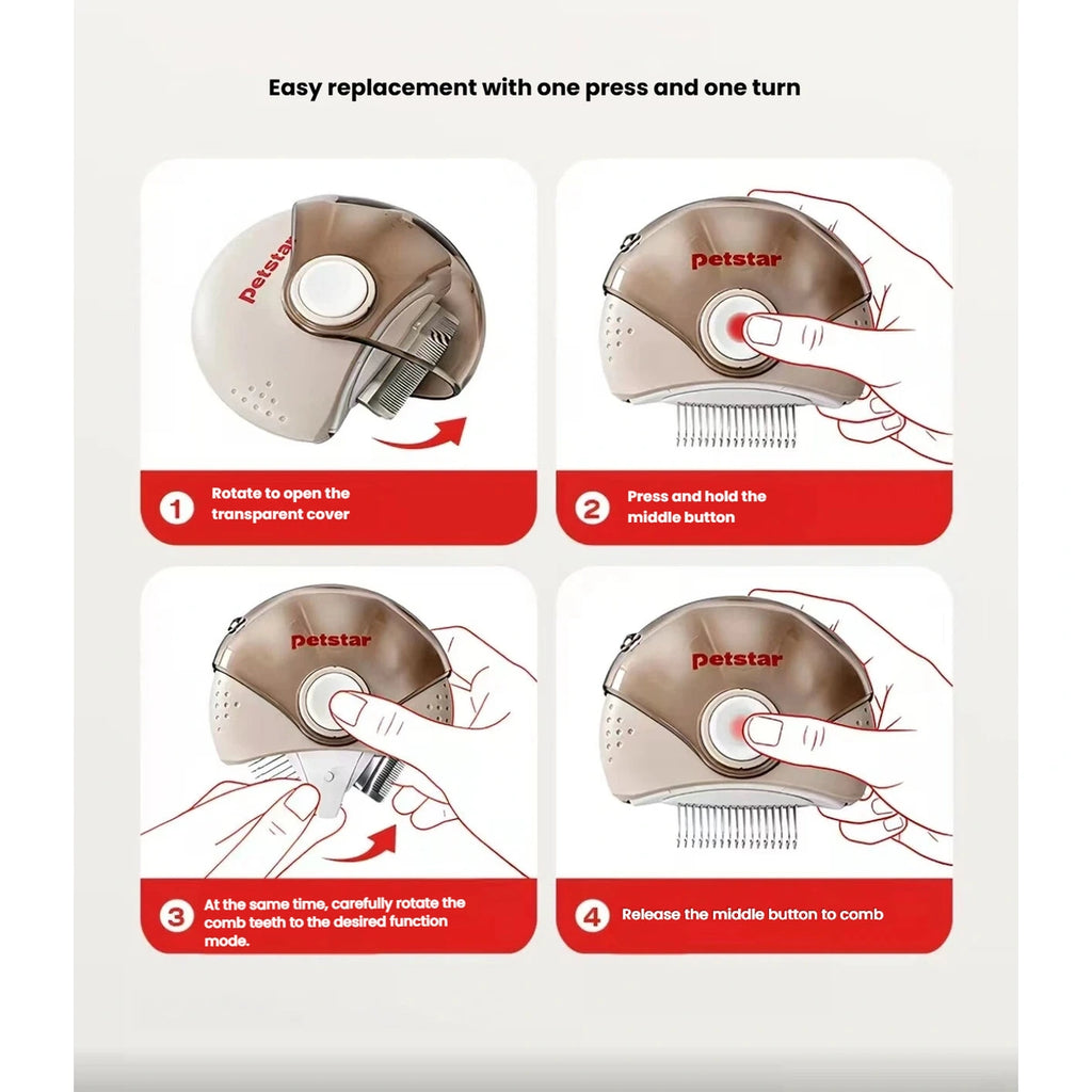 Petstar comb instructions for rotating the cover and selecting a comb head