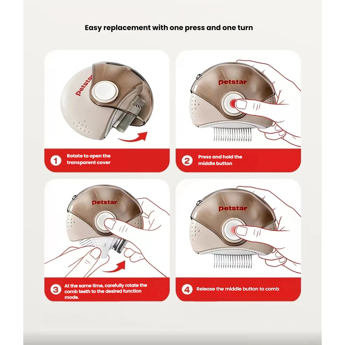Petstar comb instructions for rotating the cover and selecting a comb head