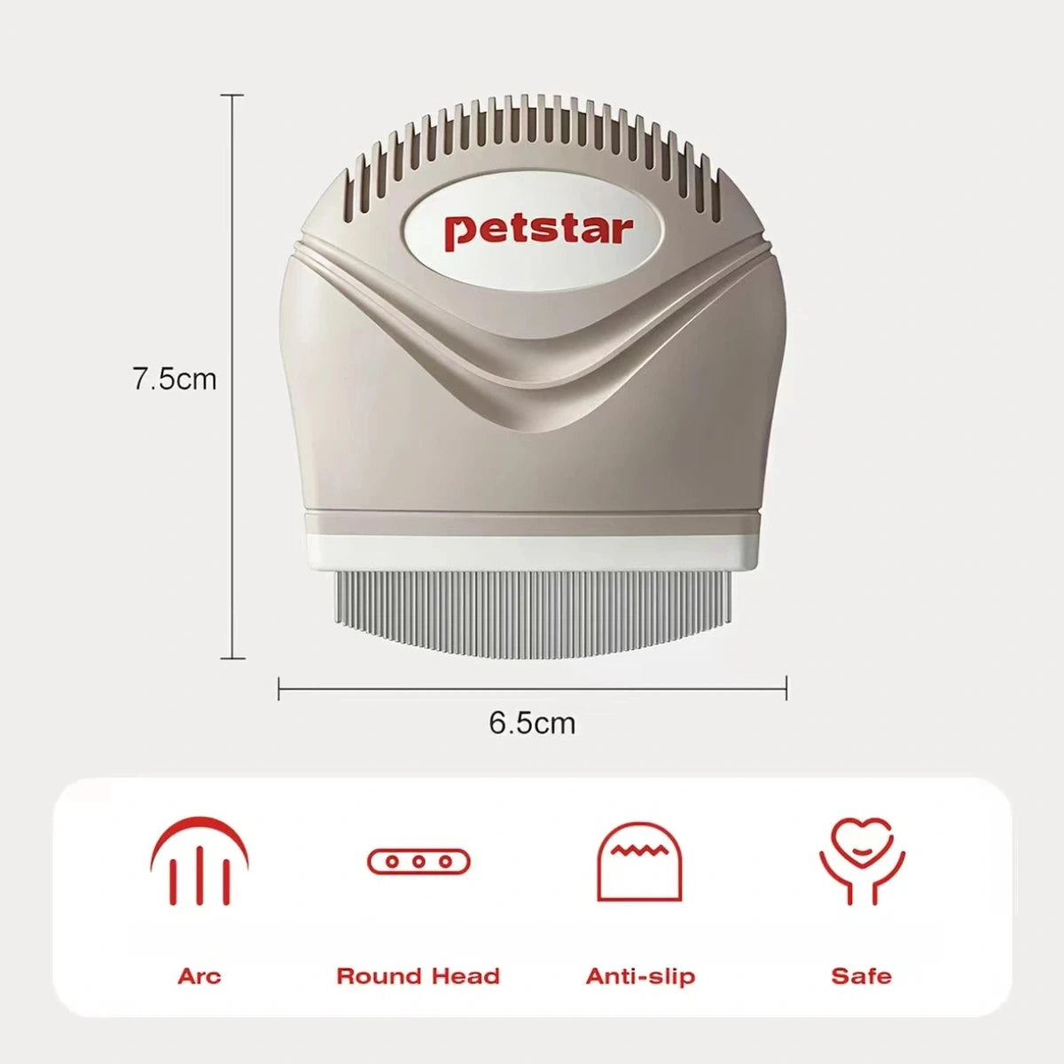 Petstar facial comb size diagram showing 7.5 by 6.5 cm