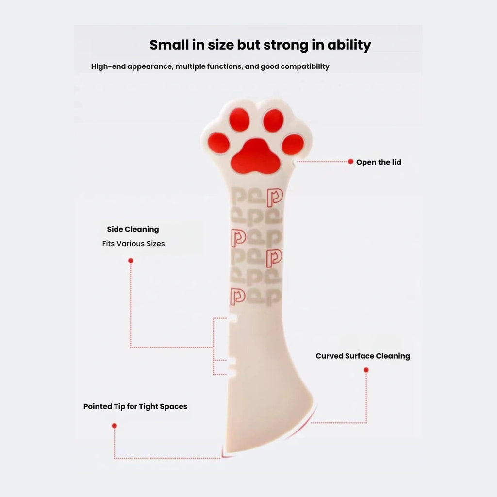 Petstar scoop diagram identifying the pull-tab opener and scraper edges