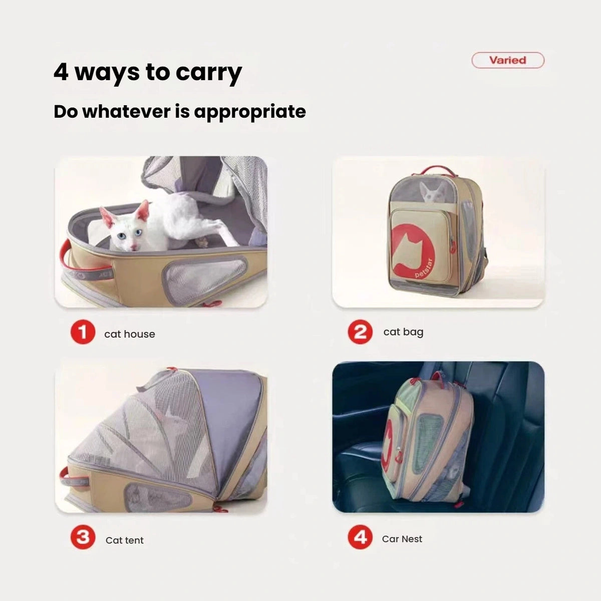 Petstar carrier shown closed, expanded and positioned on a car seat