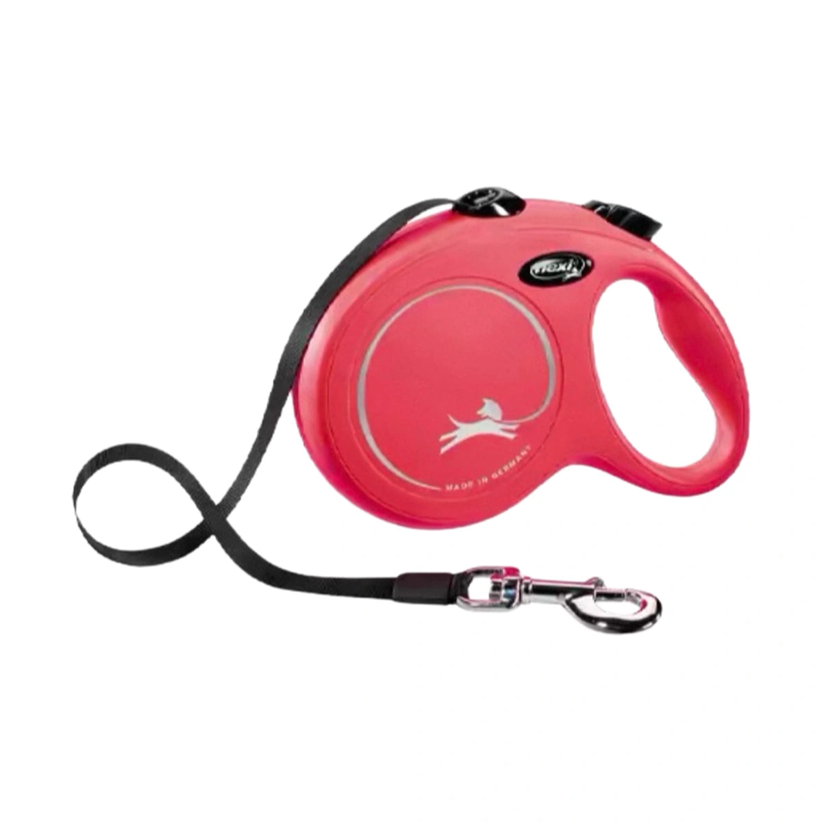 Red Flexi Classic retractable dog lead with larger housing and black tape