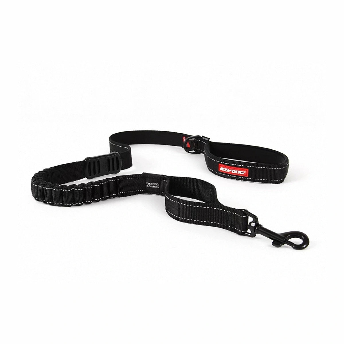 Black EzyDog Zero Shock dog leash showing padded handle, traffic handle and shock-absorbing section