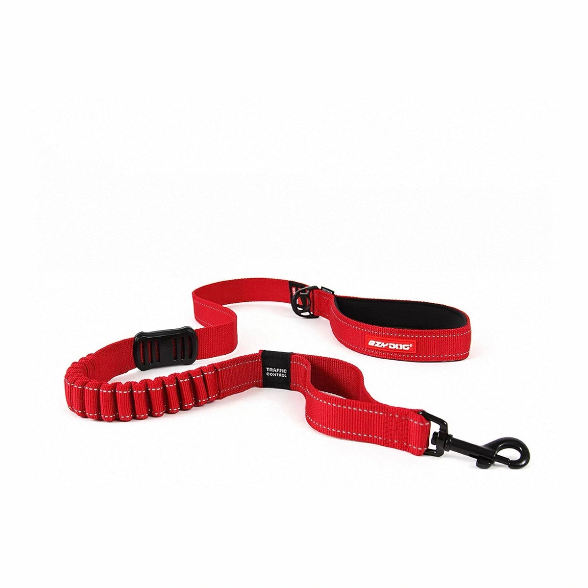 Red EzyDog Zero Shock dog leash with padded handle and metal clip